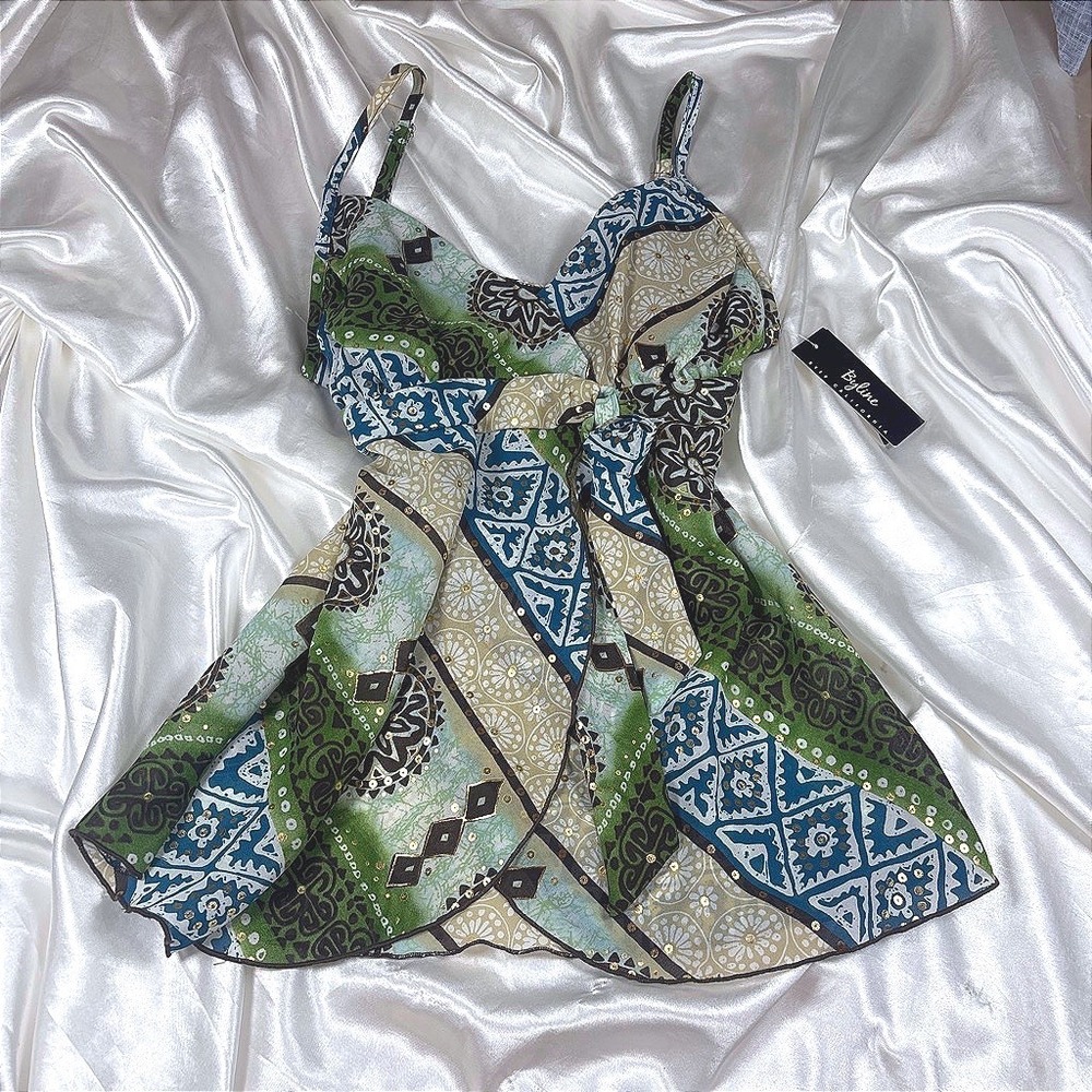 y2k Cami Top Green New Byline Byer California Sequin Geometric Wrap Tie L